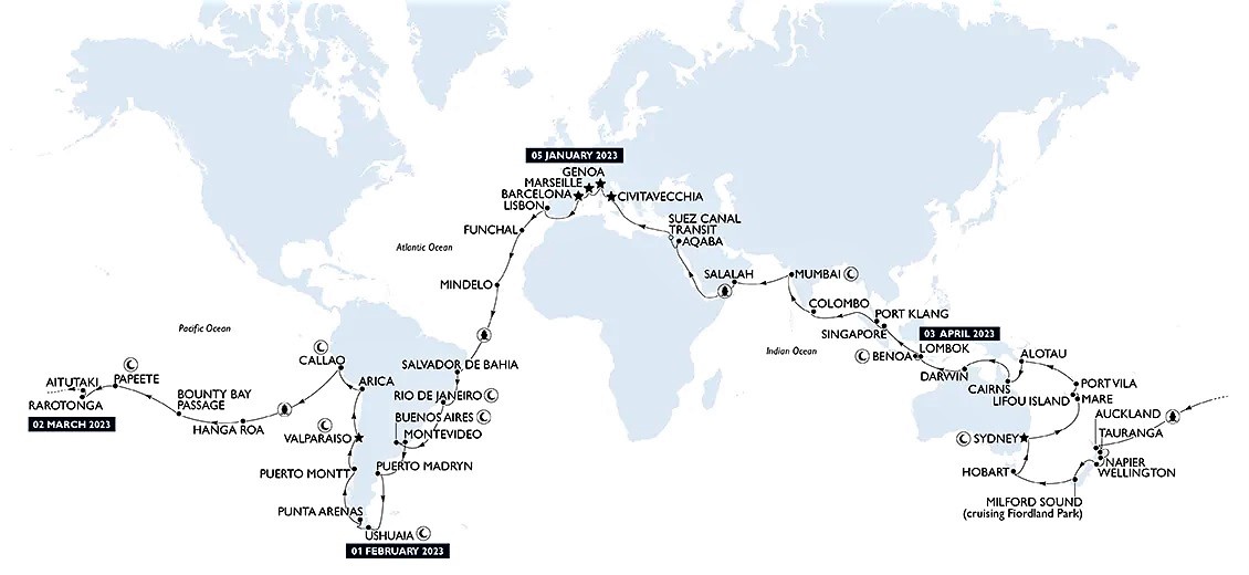 Plavba okolo sveta 2023 - loď MSC Magnifica - mapa plavby